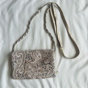 Small purse w/  beige lace over silver sequin beading